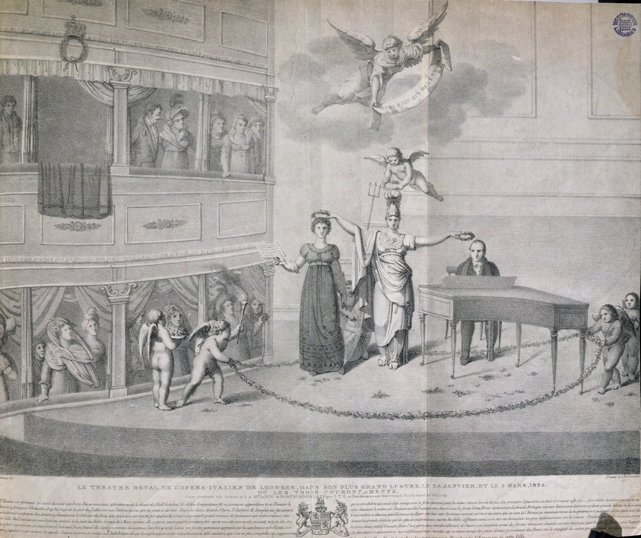 El Teatro Real de Ópera Italiana en Londres en su Mayor Esplendor el 24 de enero y el 3 de marzo de 1824, o Las Tres Coronaciones, impreso por Charles Hullmandel, 1824 de Filippo Pistrucci