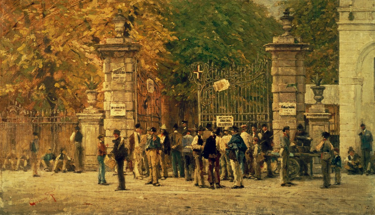 Descanso durante el trabajo en la Exposición de 1881, pintado en 1887 por Filippo Carcano (1840-1914) de Filippo Carcano