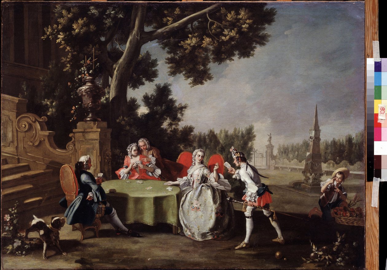 ""The Card Party"" Grupo de nobleza italiana jugando a las cartas en un jardín. Pintura de Filippo Falciatore (1718-1768) Museo Pushkin del siglo XVIII, Moscú de Filippo Falciatore