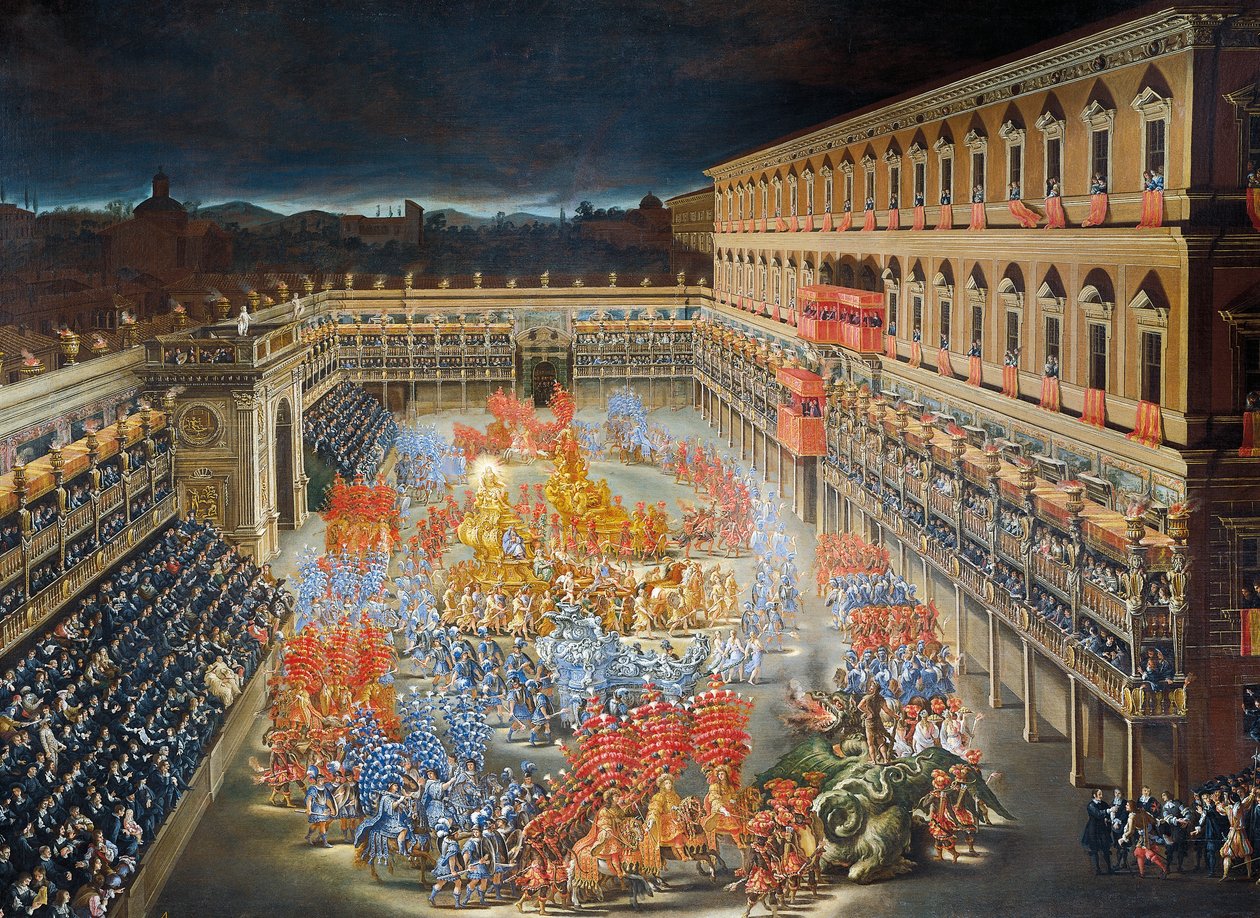 Celebraciones en el Palacio Barberini en honor a la llegada de la reina Cristina de Suecia a Roma en 1656, pintura de Filippo Lauri (1623-1694) y Filippo Gagliardi (1606-1659), Detalle de Filippo and Gagliardi Filippo Lauri