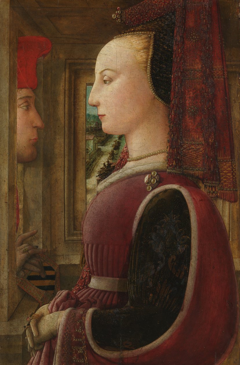 Retrato de una mujer con un hombre en una ventana de Fra Filippo Lippi
