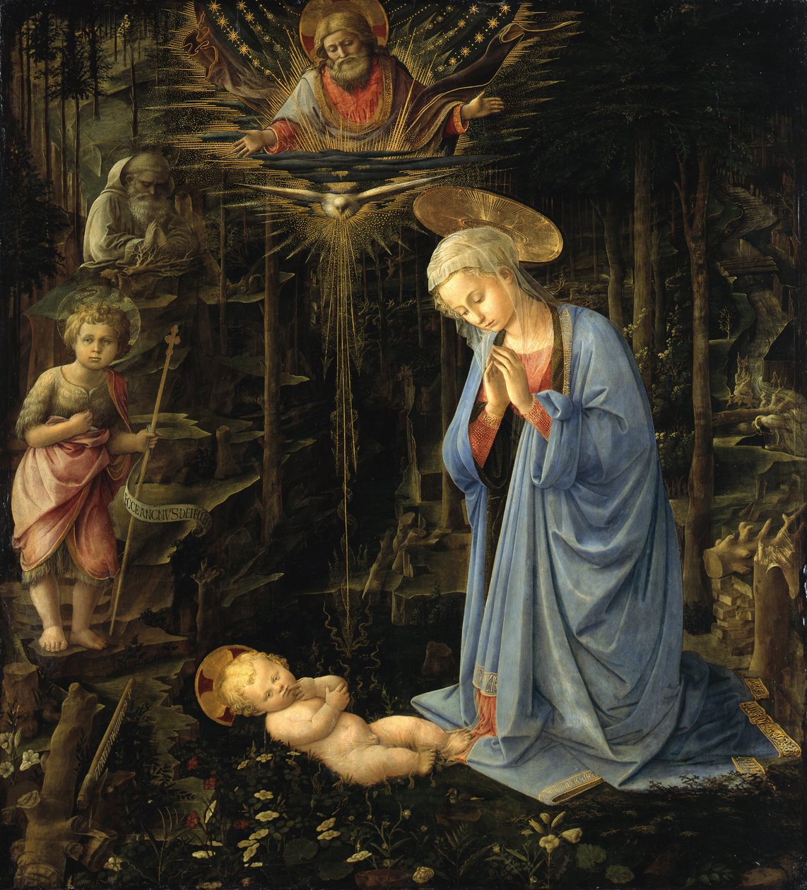 La Virgen adorando al Niño / La adoración en el bosque, La Sagrada Familia con el joven San Juan de Filippo Lippi