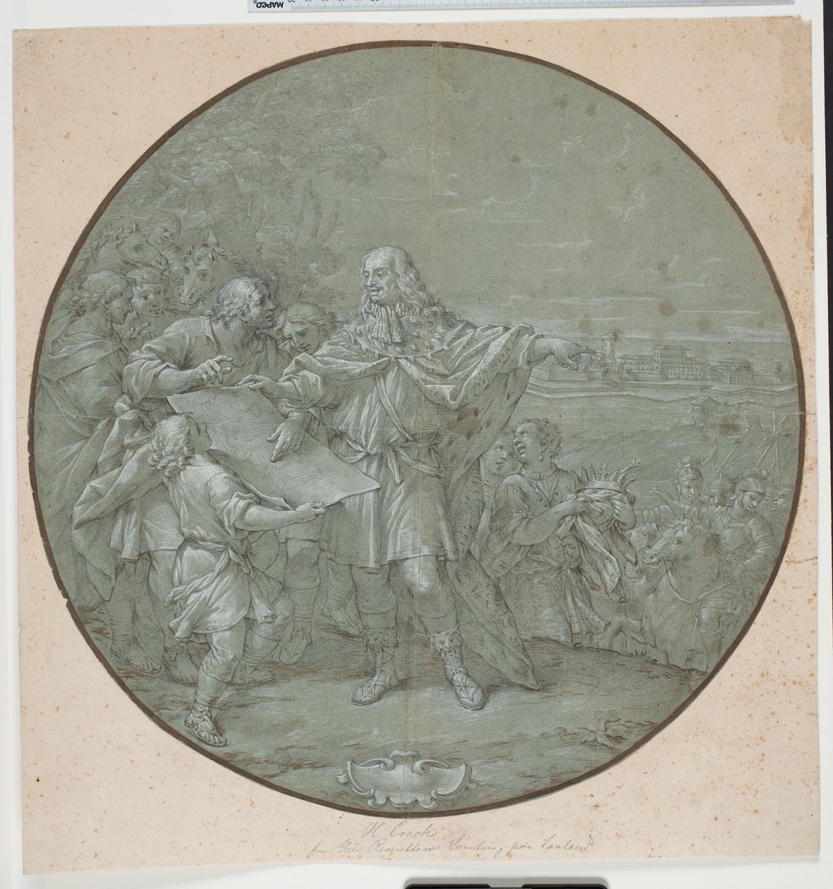 Cosimo III fortifica el puerto de Livorno. Dibujo preliminar para una placa de plata, una de las llamadas "piatti di S. Giovanni" de Filippo Luzi