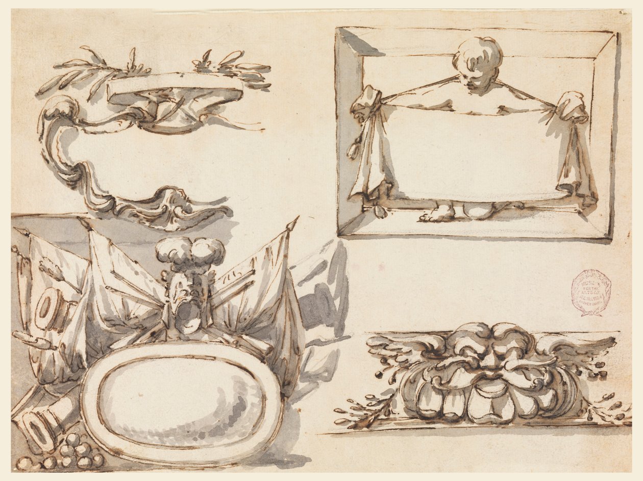 Dibujo, Un escudo, un trofeo, una etiqueta, un motivo decorativo para un friso, 1750-75 de Filippo Marchionni