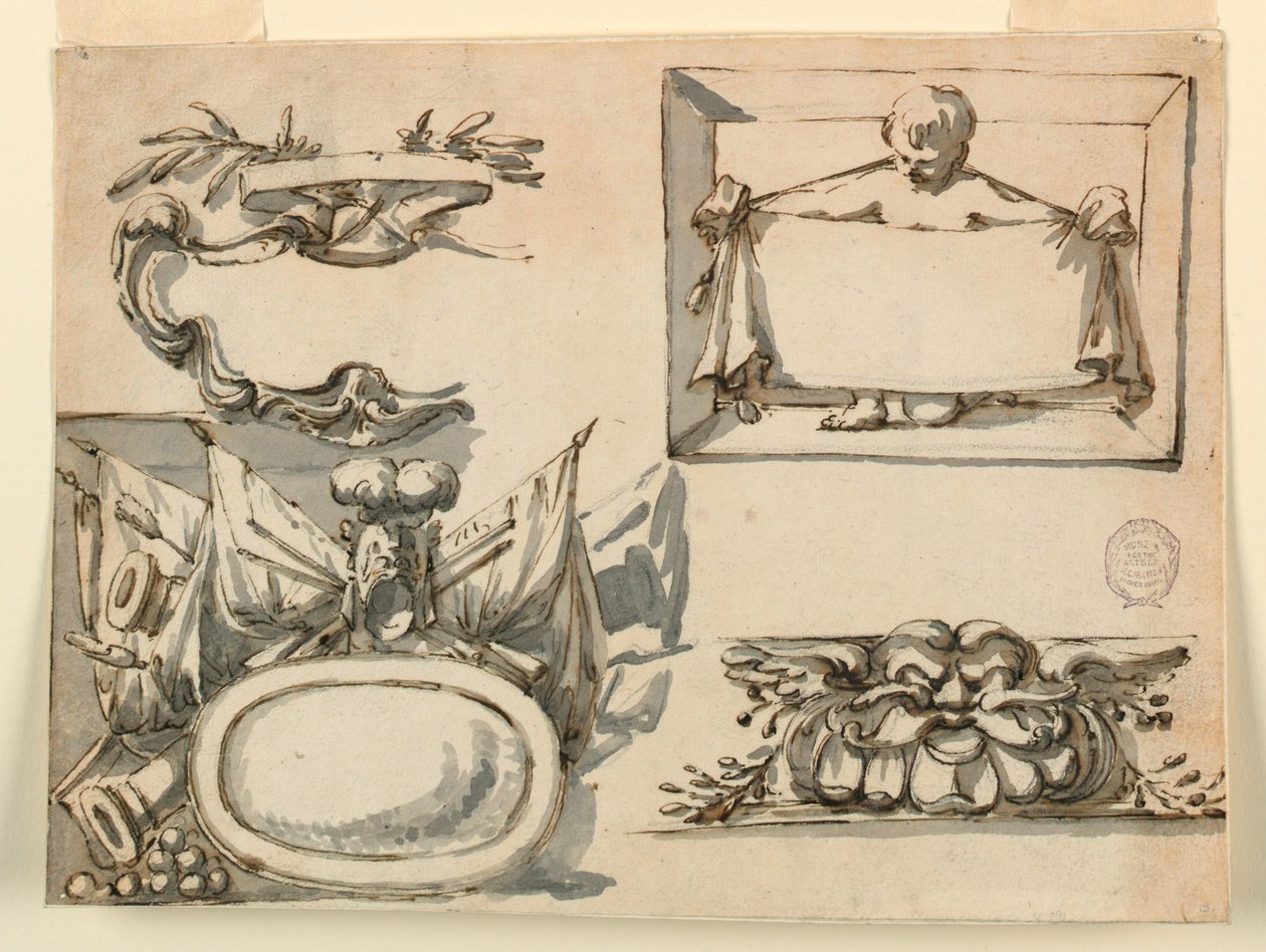 Dibujo, Un escudo, un trofeo, una etiqueta, un motivo decorativo para un friso, 1750-75 de Filippo Marchionni