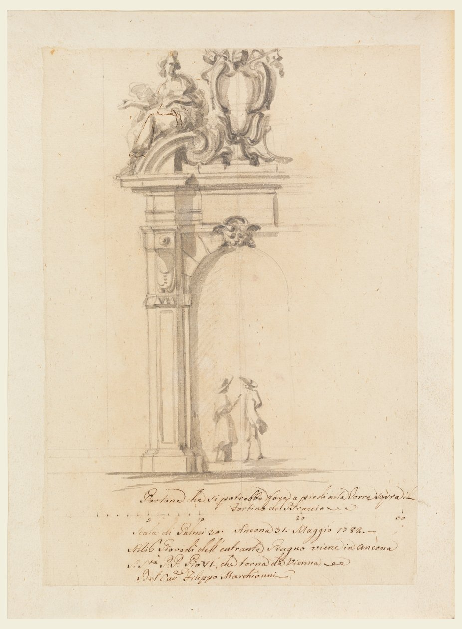 Dibujo, Diseño de una puerta, para la recepción del Papa Pío VI a su regreso de Alemania, en Ancona, mayo de 1782 de Filippo Marchionni
