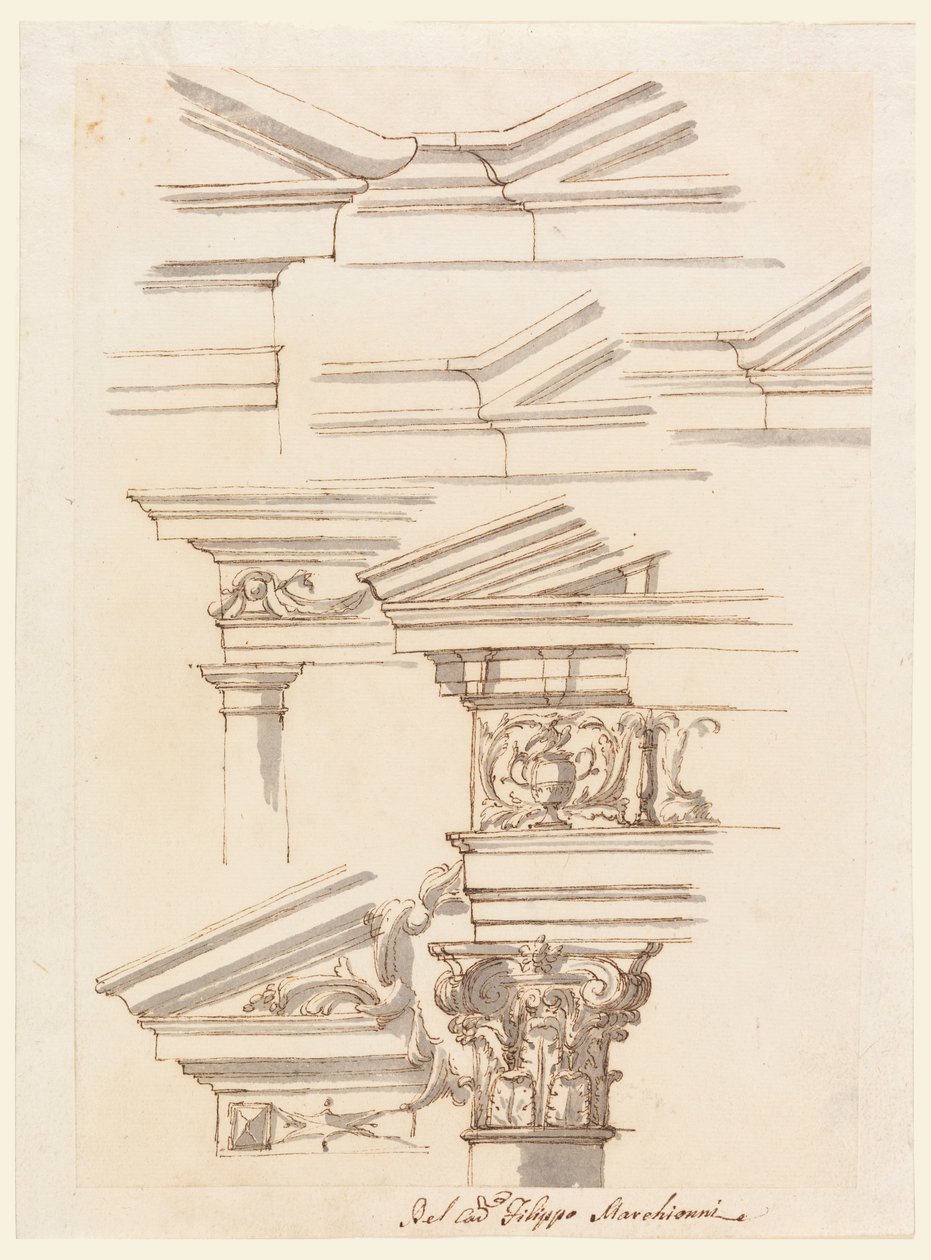 Dibujo, Estudios para entablamento y frontón, hacia 1770 de Filippo Marchionni
