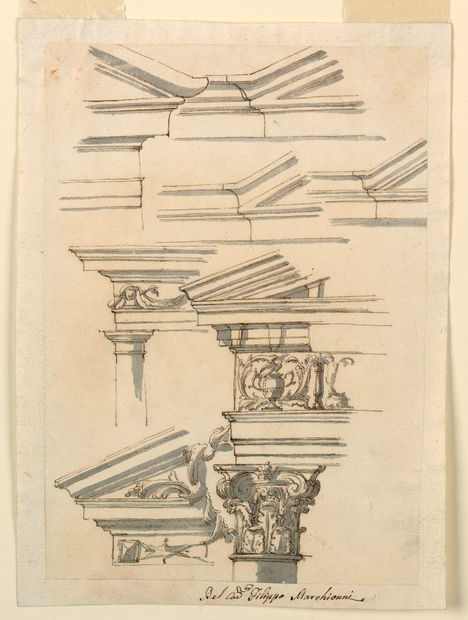 Dibujo, Estudios para entablamento y frontón, hacia 1770 de Filippo Marchionni