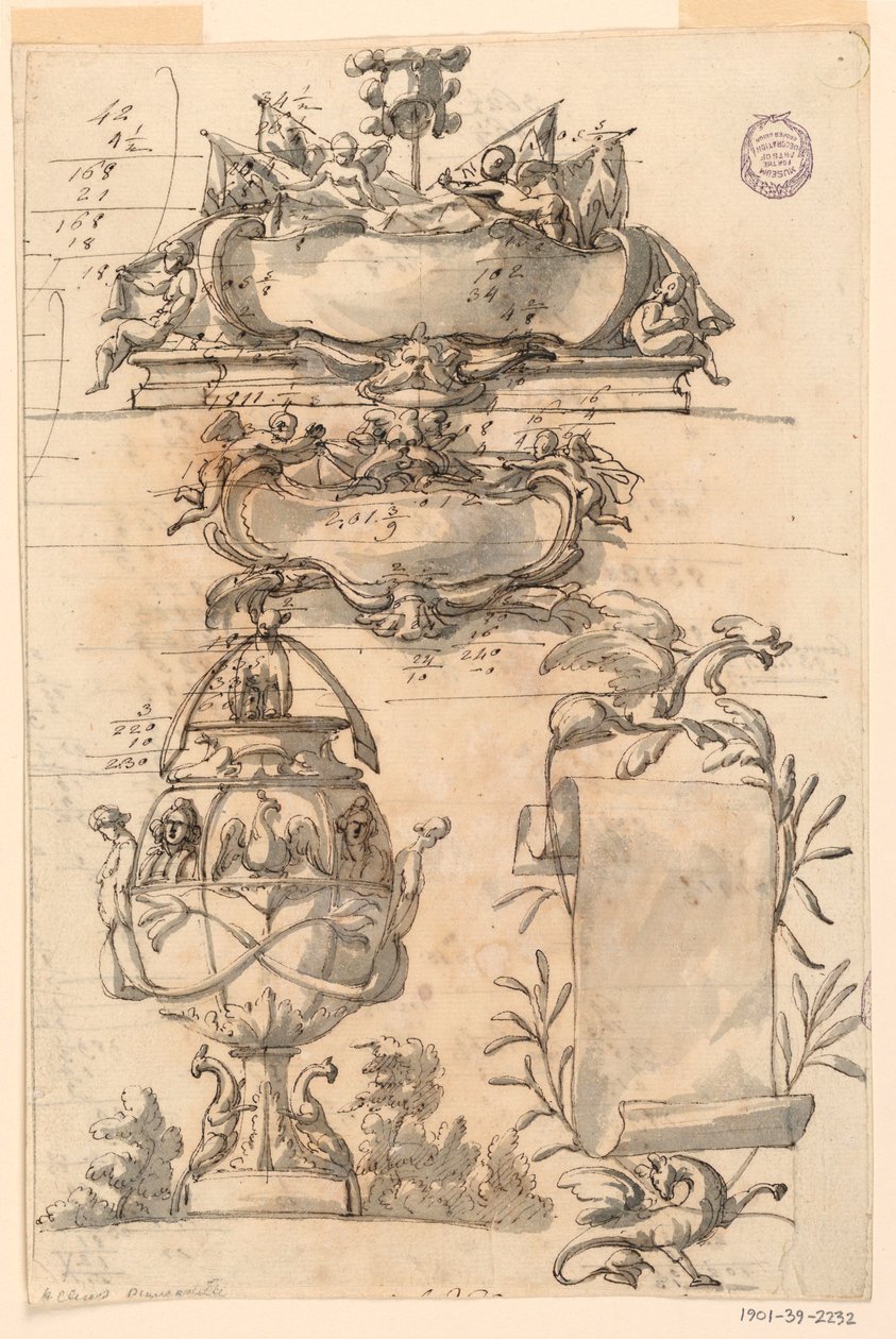 Dibujo, Dos escudos, jarrón decorativo y una voluta, 1750-75 de Filippo Marchionni