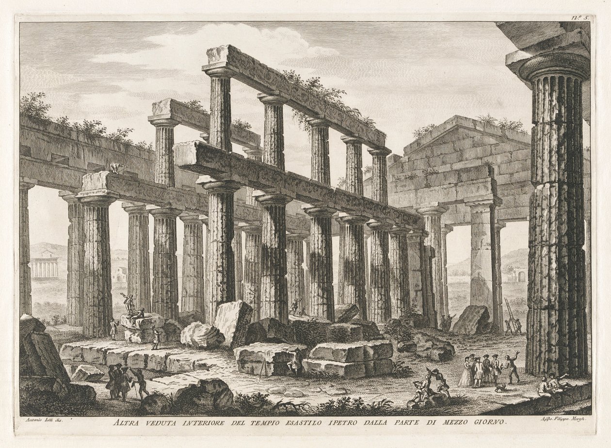 ¿Otra vista interior del templo hipaethral hexástilo desde el sur, de Antichit? de Pesto (Antigüedades de Paestum) de Filippo Morghen