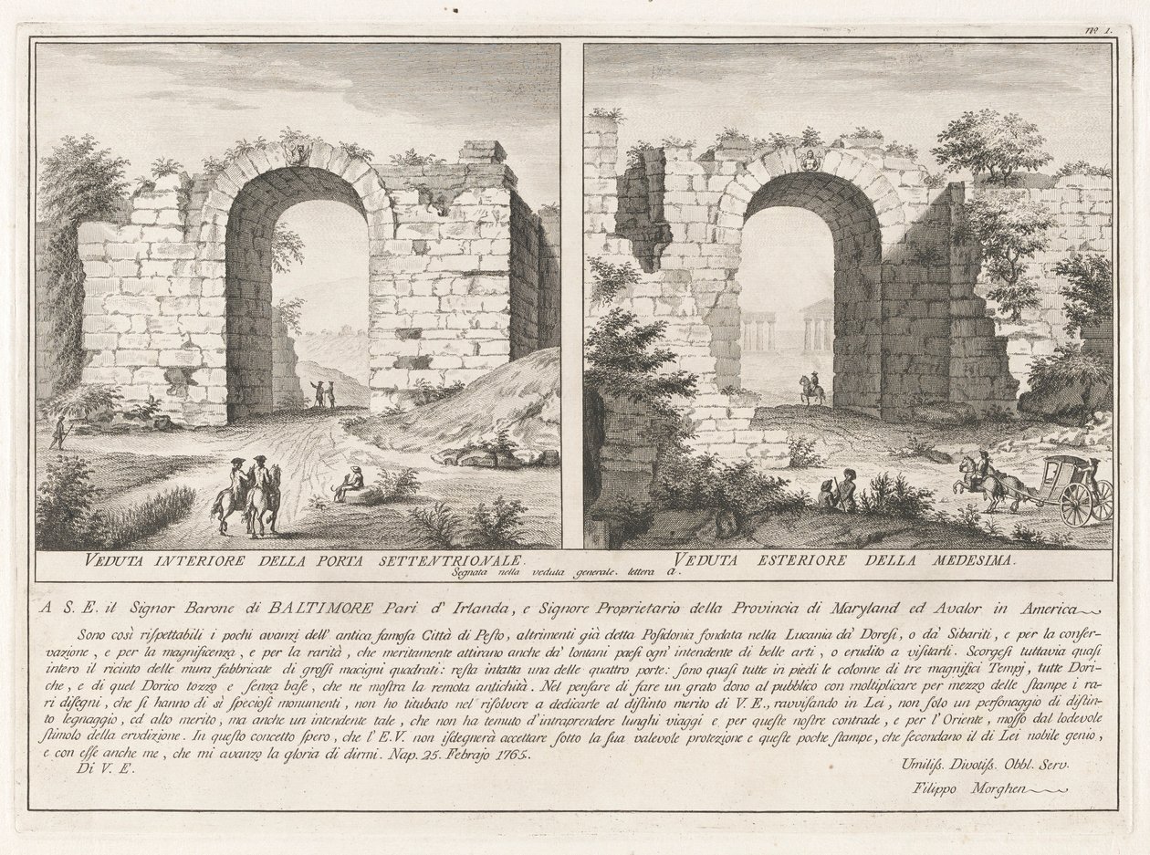Página de dedicatoria, de Antichit? di Pesto (Antigüedades de Paestum) de Filippo Morghen
