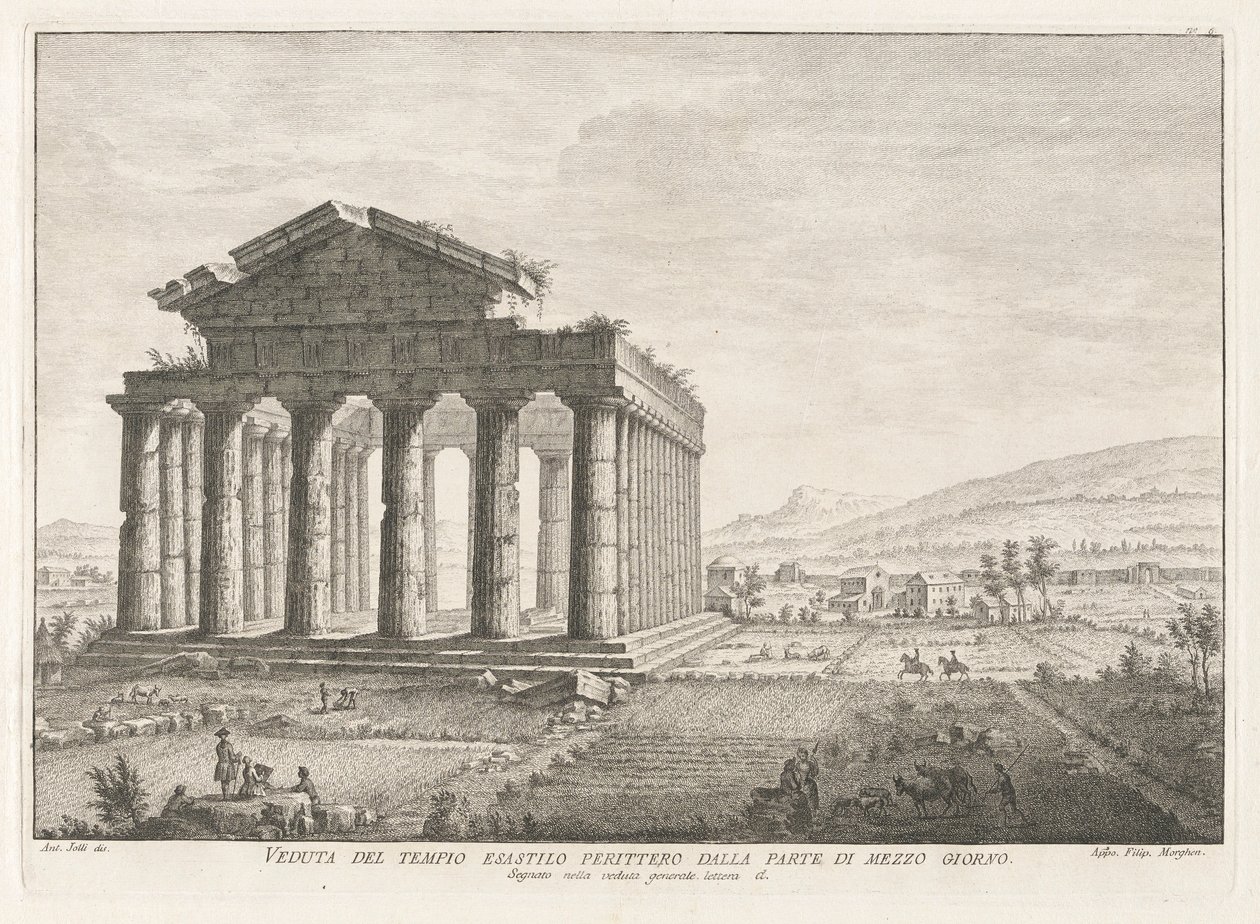 Vista del Templo Peripteral Hexastyle desde el Sur, desde Antichit? de Pesto (Antigüedades de Paestum) de Filippo Morghen