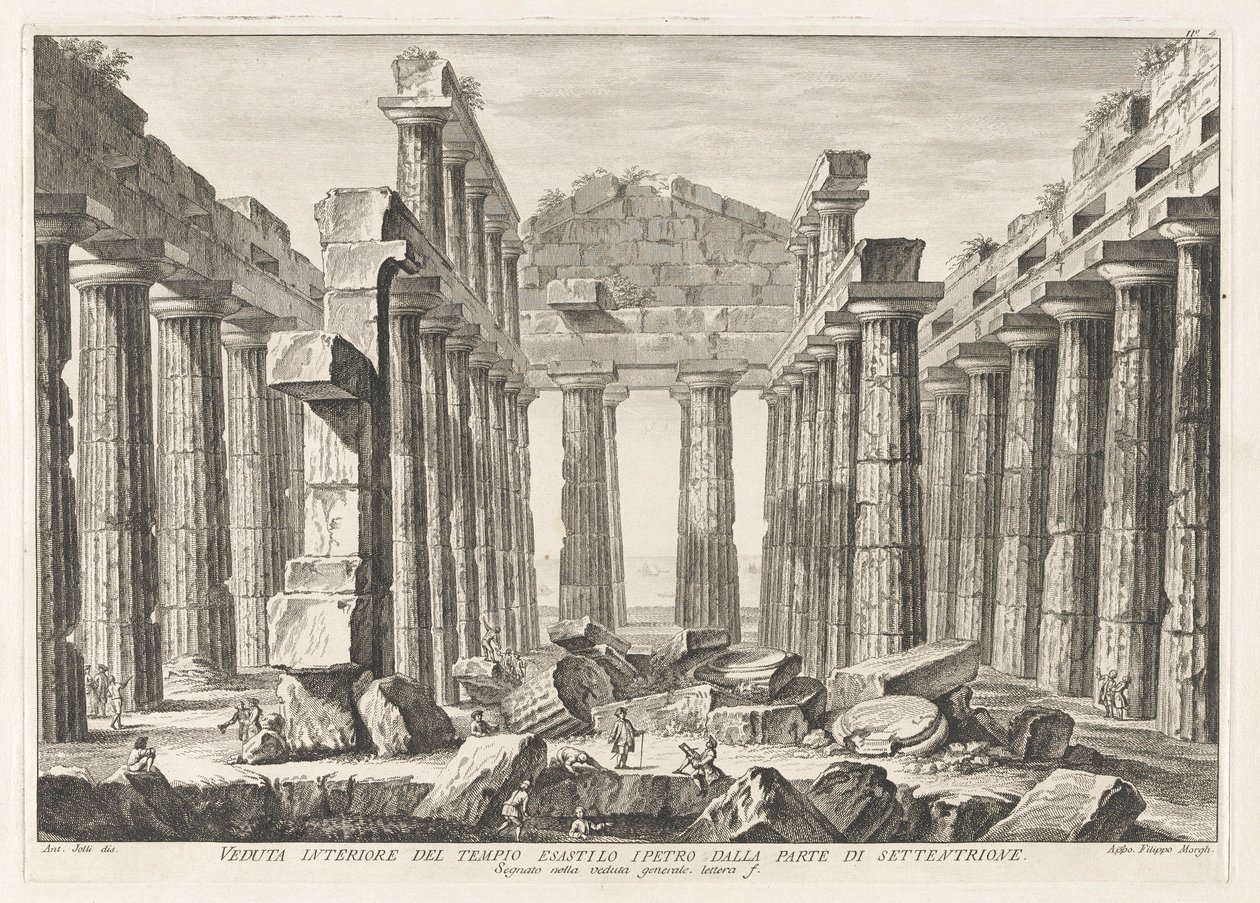 Vista interior del Templo Hexastil Hypaethral desde el norte, de Antichit? de Pesto (Antigüedades de Paestum) de Filippo Morghen