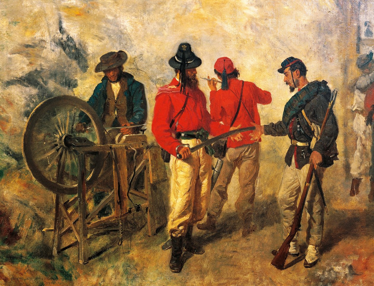 Garibaldinos (voluntarios de Garibaldi) el día antes de la batalla, detalle de Filippo Palizzi