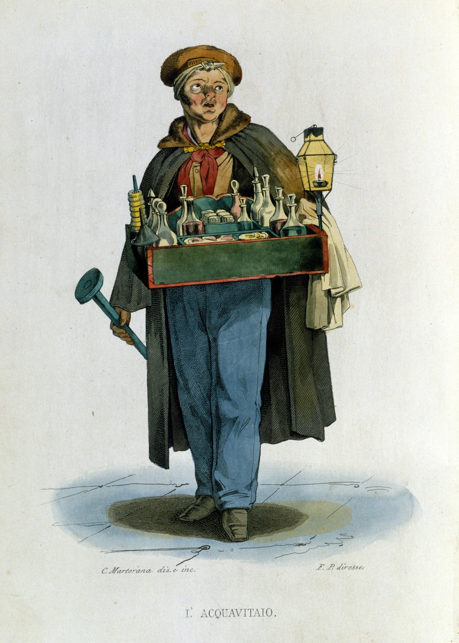 Pequeño comercio de la ciudad de Nápoles: un vendedor ambulante de aguardiente. Grabado después de una pintura de F. Palizza. De una obra de Francesco de Bourcard 