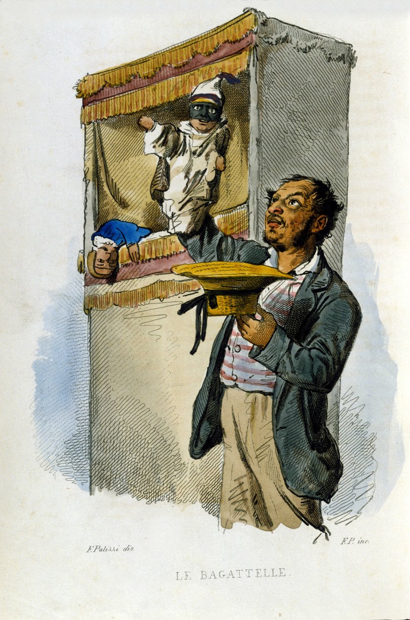 Pequeño negocio de la ciudad de Nápoles: el titiritero. Grabado después de una pintura de F. Palizza. De una obra de Francesco de Bourcard “Costumi del regno di Napoli” de Filippo Palizzi
