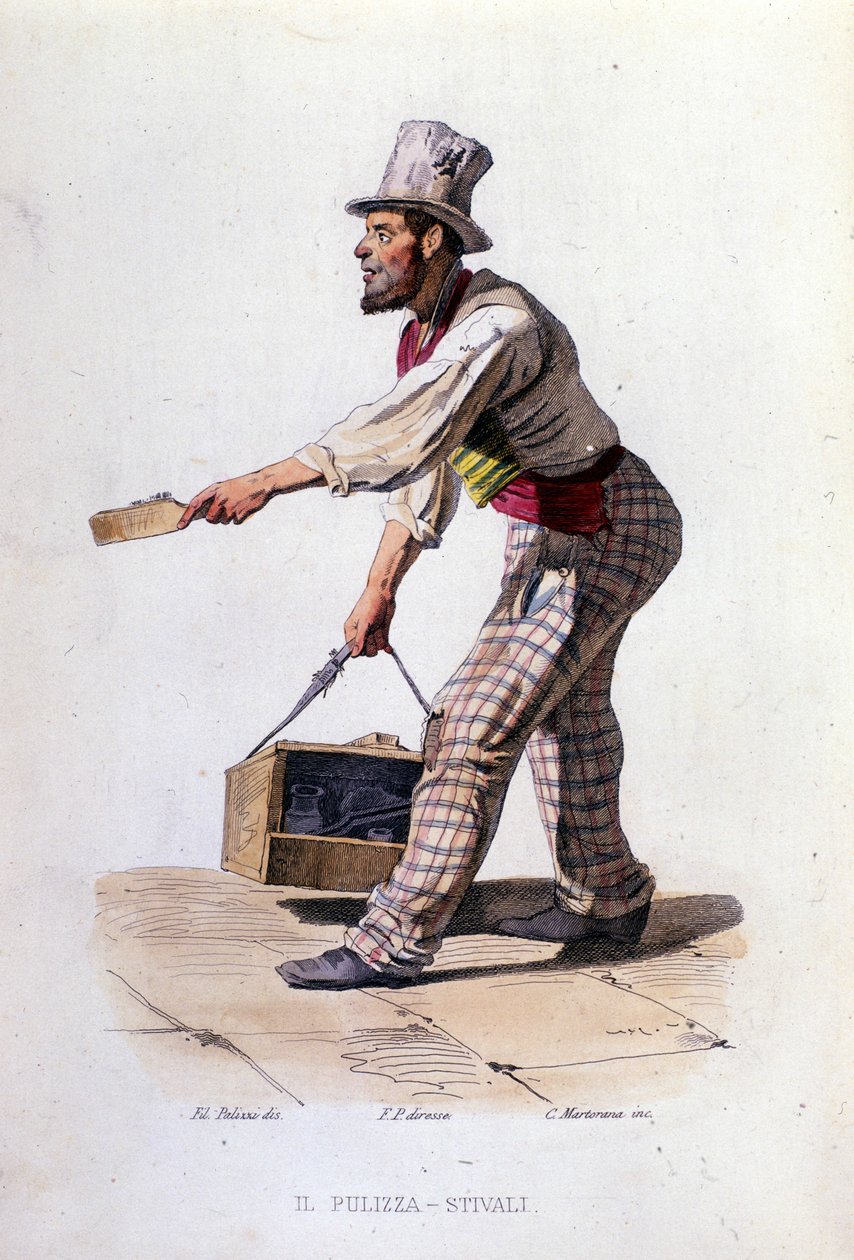 Pequeño negocio de la ciudad de Nápoles: el limpiabotas. Grabado después de una pintura de F. Palizza. De una obra de Francesco de Bourcard "Costumi del regno di Napoli" de Filippo Palizzi