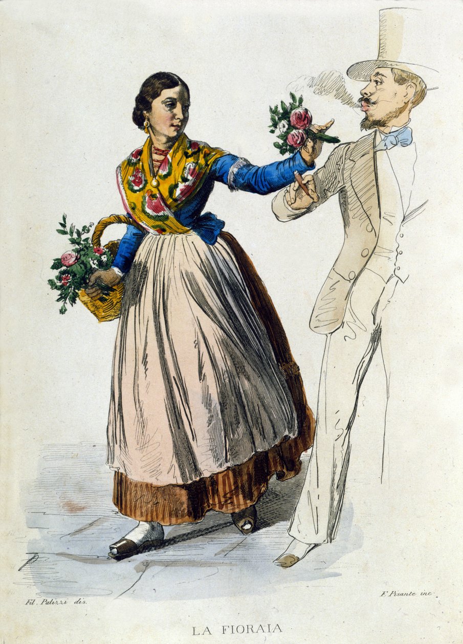 Pequeño comercio de la ciudad de Nápoles: joven florista ofreciendo un ramo a un hombre elegante. Grabado después de una pintura de F. Palizza. De una obra de Francesco de Bourcard 