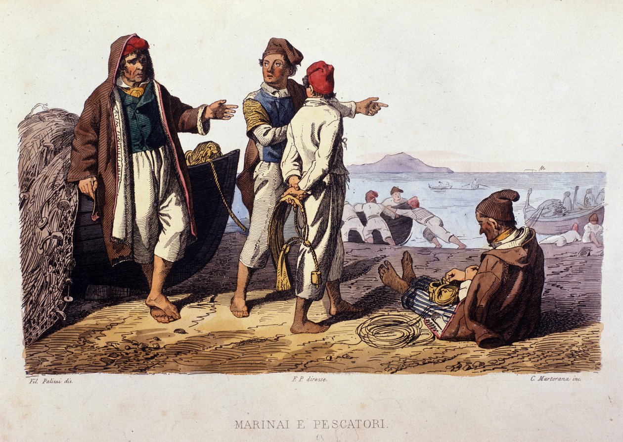 Pequeño oficio del Reino de Nápoles: marineros y pescadores. Grabado después de una pintura de F. Palizza. De una obra de Francesco de Bourcard “Costumi del regno di Napoli” de Filippo Palizzi