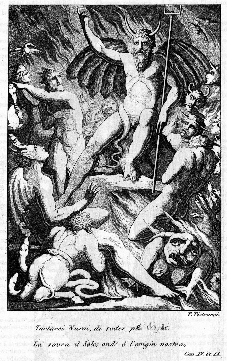 Ilustración de una escena de “La Jerusalén Liberada” (La gerusalemme liberata) de Torquato Tasso (conocido como el Mug). “Tartarei Numi, di seder piu degni La sovra il Sole...” Canto IV. Ilustración de Filippo PISTRUCCI (1782-1859) de Filippo Pistrucci