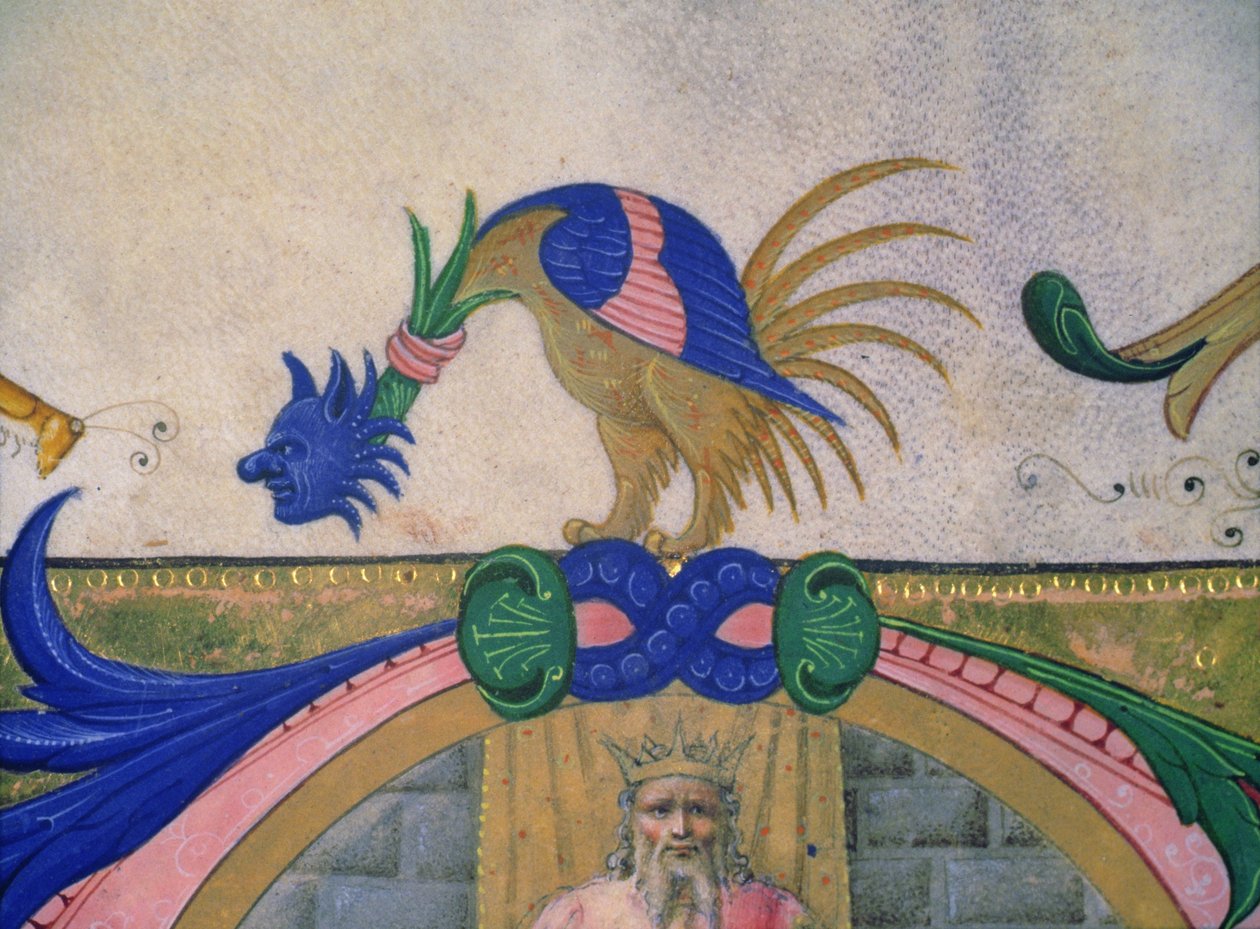 Misal 515 f.13v Criatura fantástica de dos patas con rostro humano, detalle del borde decorativo de un libro de coro ejecutado antes de 1449 (detalle) de Filippo di Matteo Torelli