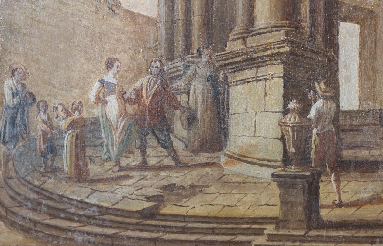 Escena de género, óleo sobre madera, detalle de los postigos de la ventana del salón, Apartamento de la reina, Residencia de caza, de Filippo Juvarra (1678-1736), Stupinigi, Piamonte, Italia. de Filippo or Juvara Juvarra