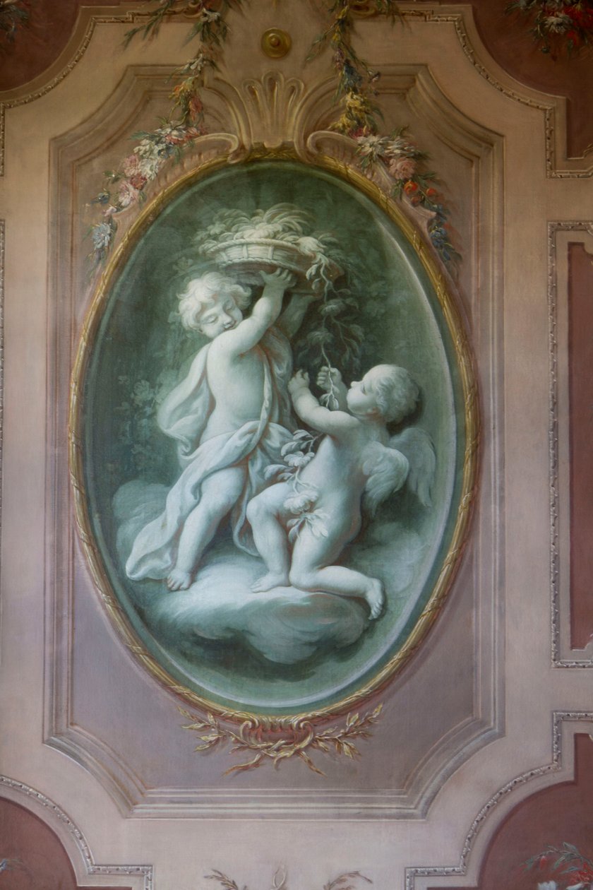 Medallón en trampantojo con puttos y flores, grisalla, fresco, capilla de San Huberto, Residencia de caza, de Filippo Juvarra (1678-1736), Stupinigi, Piamonte, Italia. de Filippo or Juvara Juvarra