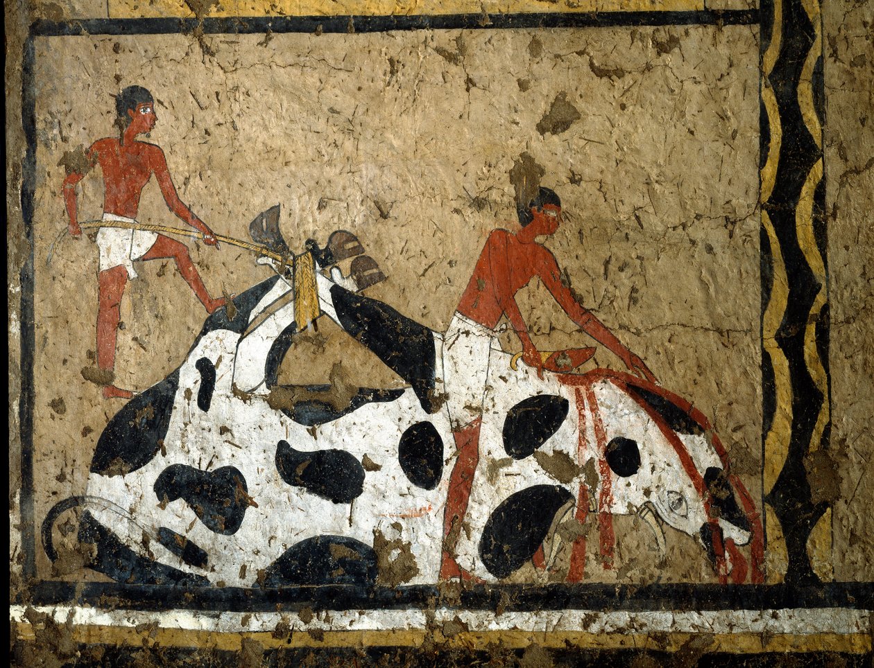 Antigüedad egipcia: un toro es sacrificado ante un sarcófago de First Intermediate Period Egyptian
