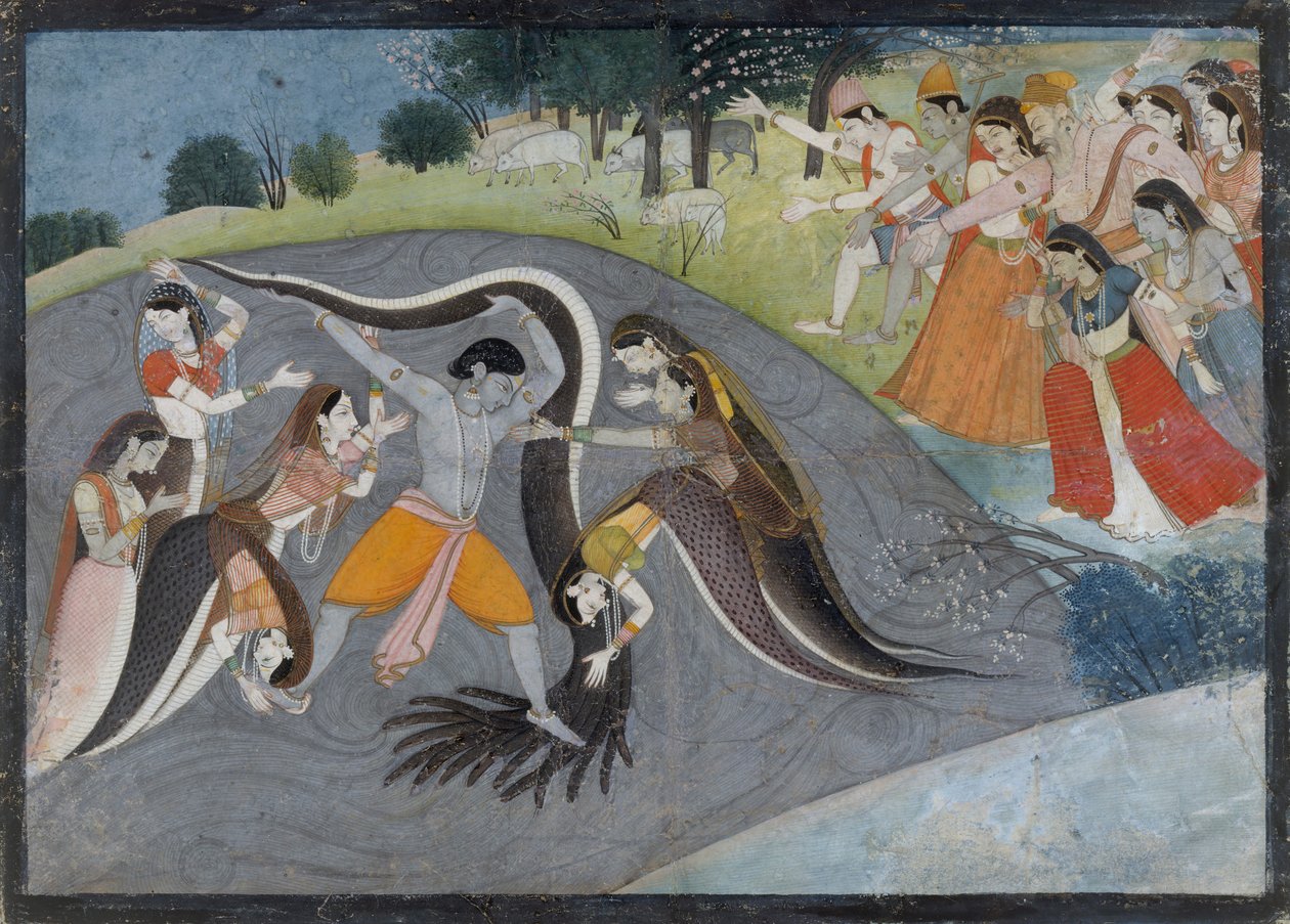 Krishna dominando a Kaliya, el demonio serpiente: Folio de una serie Bhagavata Purana, ca. 1785 de First generation after Manaku and Nainsukh.