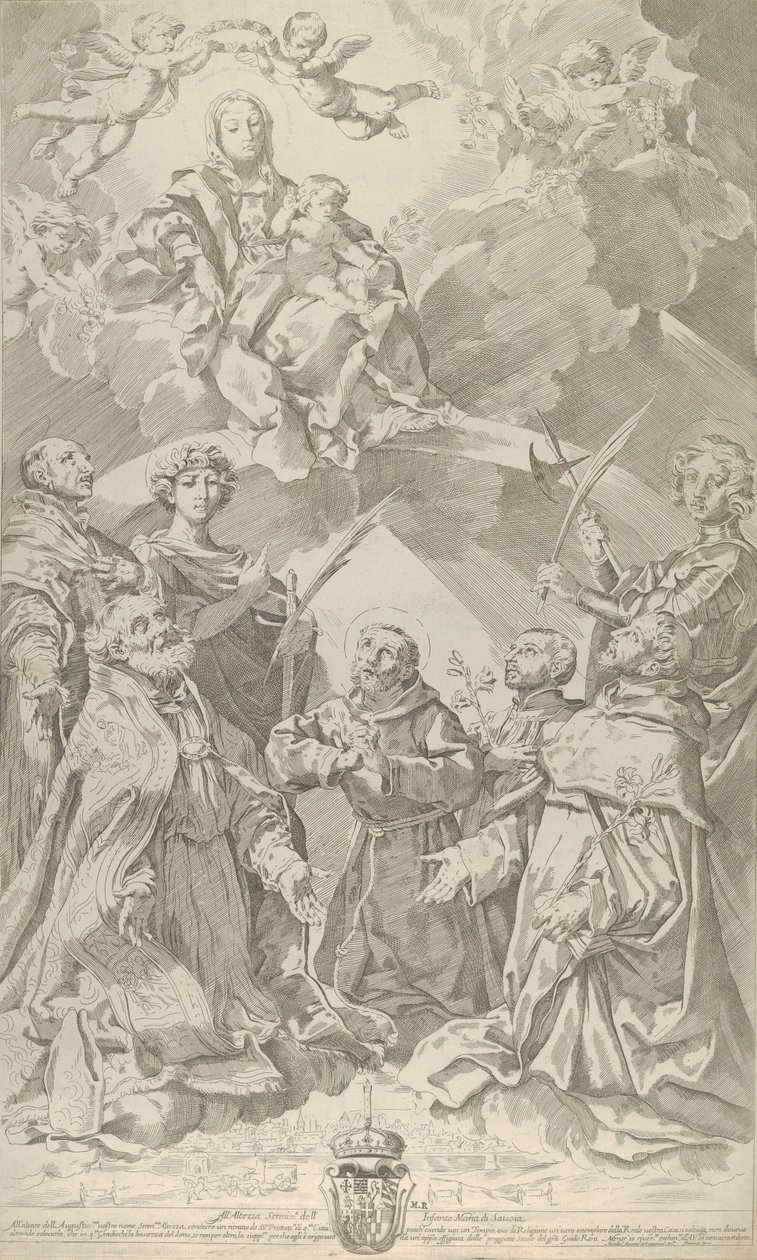 Santos patronos de Bolonia mirando hacia arriba a la Virgen que está sentada en las nubes de Flaminio Torre