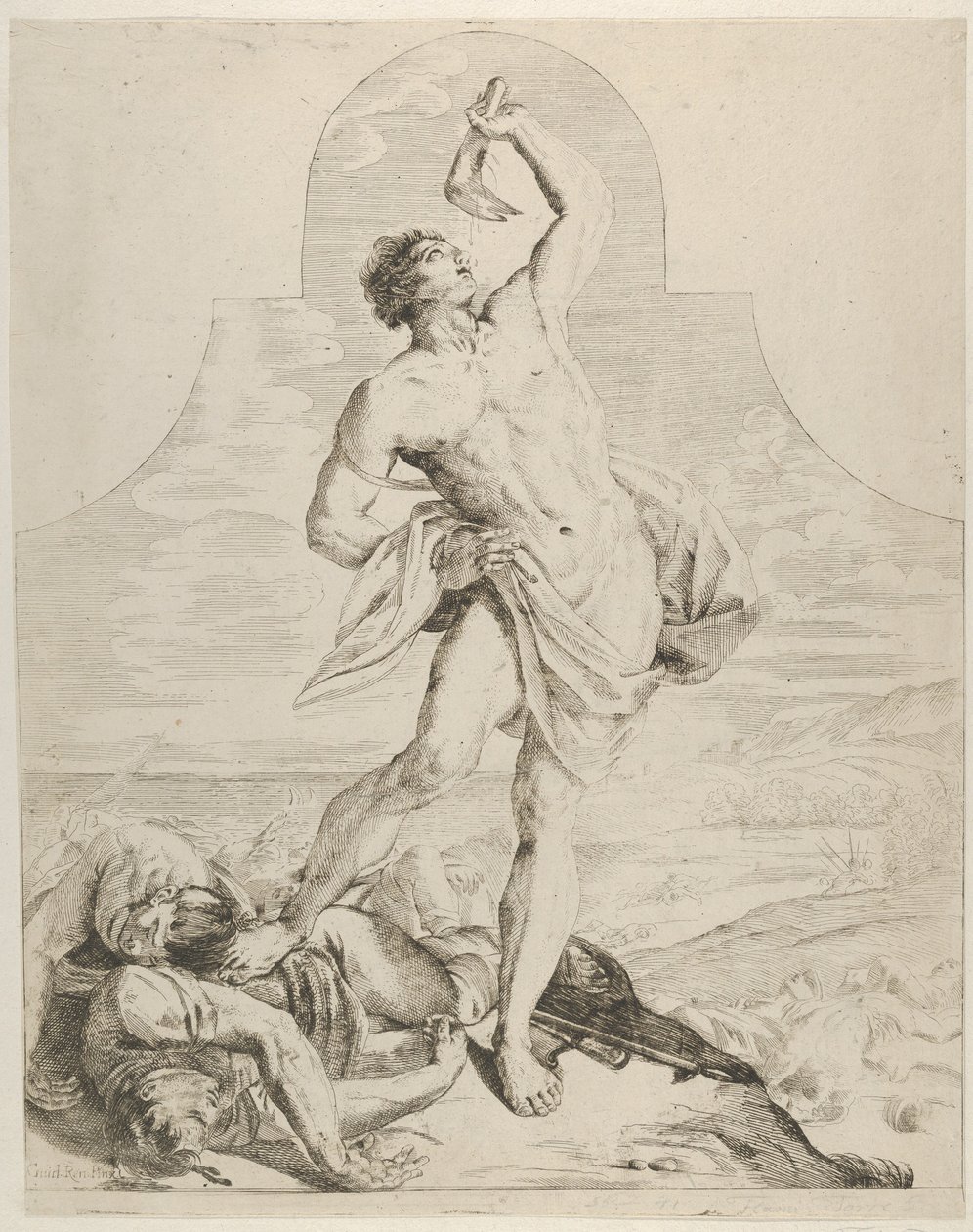 Sansón sosteniendo la quijada de un asno sobre su cabeza y de pie junto a los filisteos, ca. 1640-60 de Flaminio Torre
