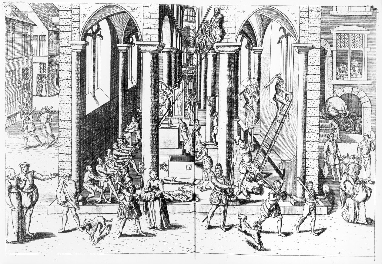 Calvinistas destruyendo estatuas en las iglesias católicas, 1566 de Flemish School
