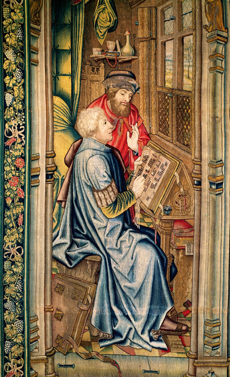 Un Escriba Escribiendo una Cuenta, detalle de El Transporte del Arca de la Alianza, del Tapiz de David y Betsabé, c.1510-15 de Flemish School