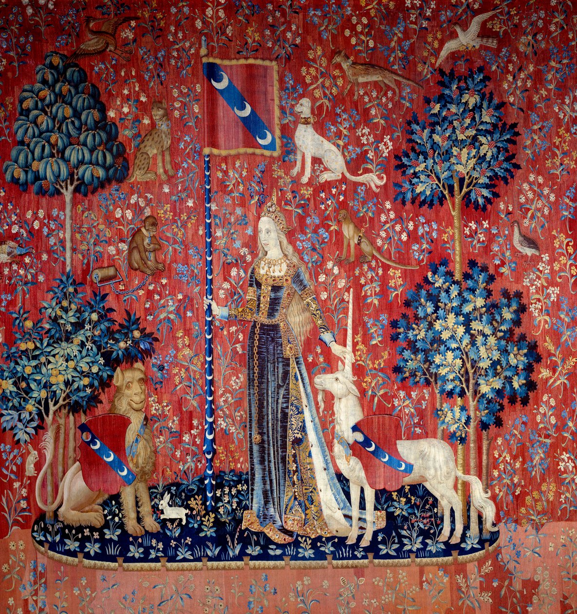 Una joven rodeada de un león, un unicornio, un mono, conejos) - Tapiz de lana y seda realizado entre 1484 y 1500, Procedente del castillo de Boussac, Creuse. Sol. 3,7x4,7 m - París, musee national du Moyen Ages, Thermes de Cluny - Alegoría del tacto (Le To de Flemish School