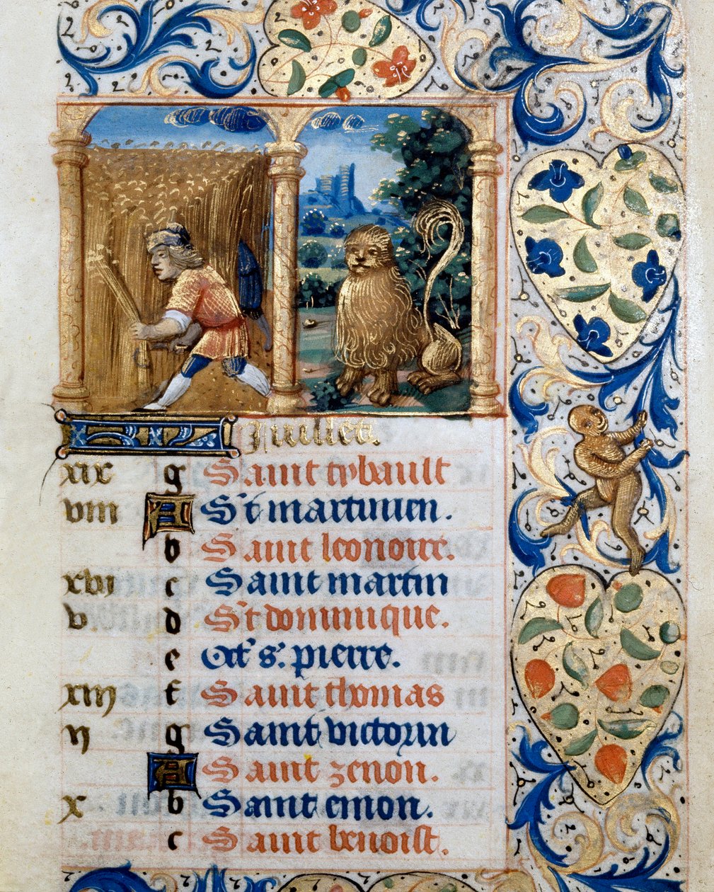 Calendario, el mes de julio, un campesino en un campo de trigo y el signo del león. Página tomada de un libro de horas ms. 47, iluminado por la escuela flamenca. Siglo XVI Badia de 