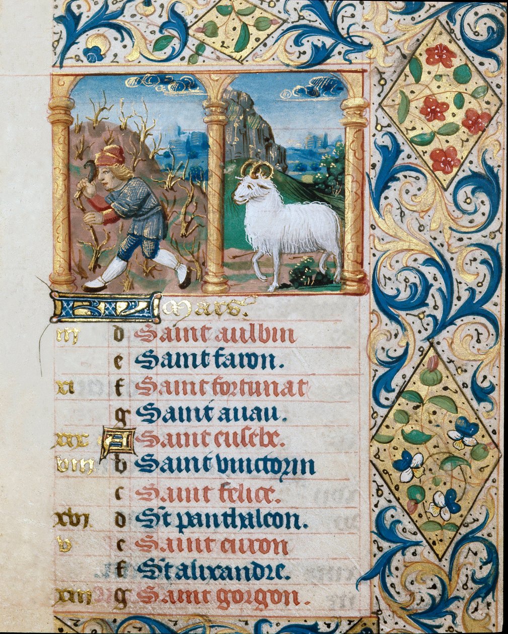 Calendario, el mes de marzo, un campesino sembrando y el carnero. Página tomada de un libro de horas ms. 47, iluminado por la escuela flamenca. Siglo XVI Badia de 