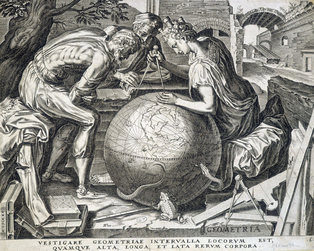 Personajes inclinados sobre el globo con compás (alegoría de la geometría) - grabado, Flandes de Flemish School