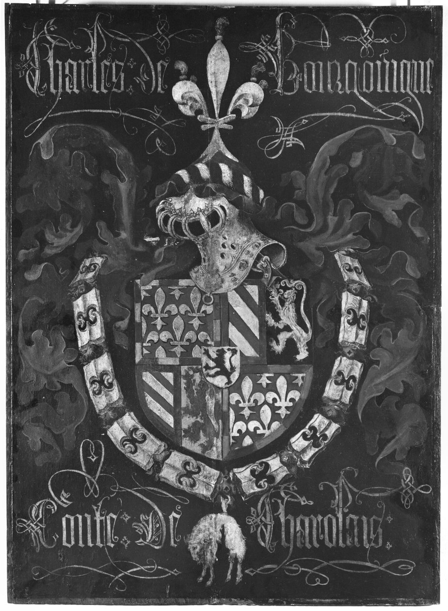 Escudo de armas de Carlos de Borgoña (1433-77) Conde de Charolais, 3er Capítulo de la Orden del Toisón de Oro, Dijon, 1433 de Flemish School