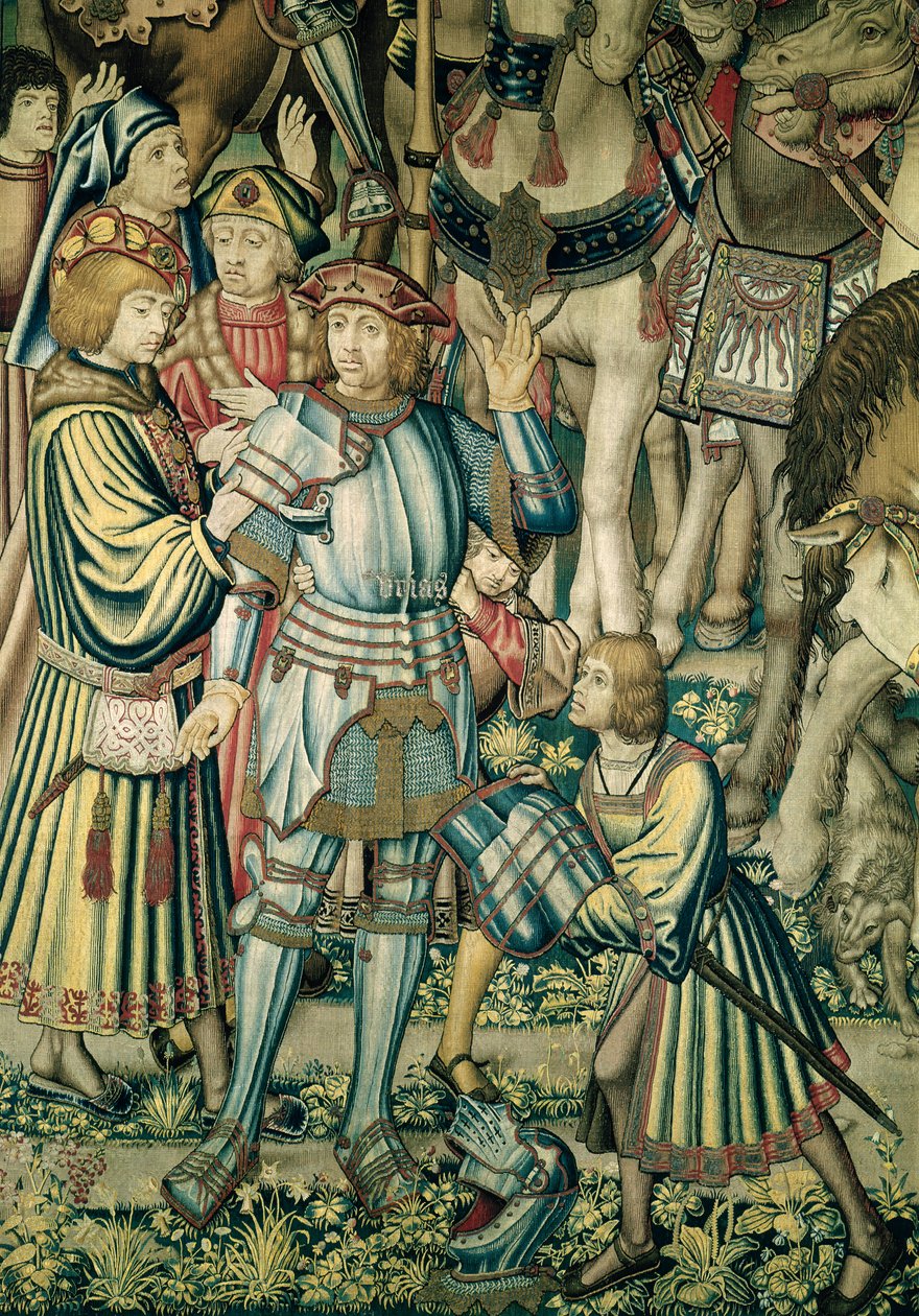 Detalle de Urías el hitita siendo armado, del tapiz de David y Betsabé de Flemish School