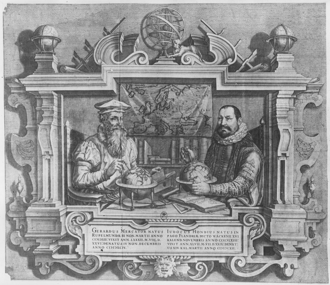 Doble retrato de Gerard Mercator (1512-94) y Jodocus Hondius (1563-1612) grabado para su inclusión en la serie de atlas de Mercator y Hondius, 1619 de Flemish School