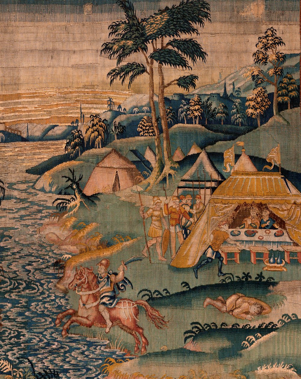 Tapiz flamenco. Campamento militar cerca del río Granikos. Taller de Oudenaarde. 377x393cm. Inv 83104-9/00011. siglo 17. de Flemish School