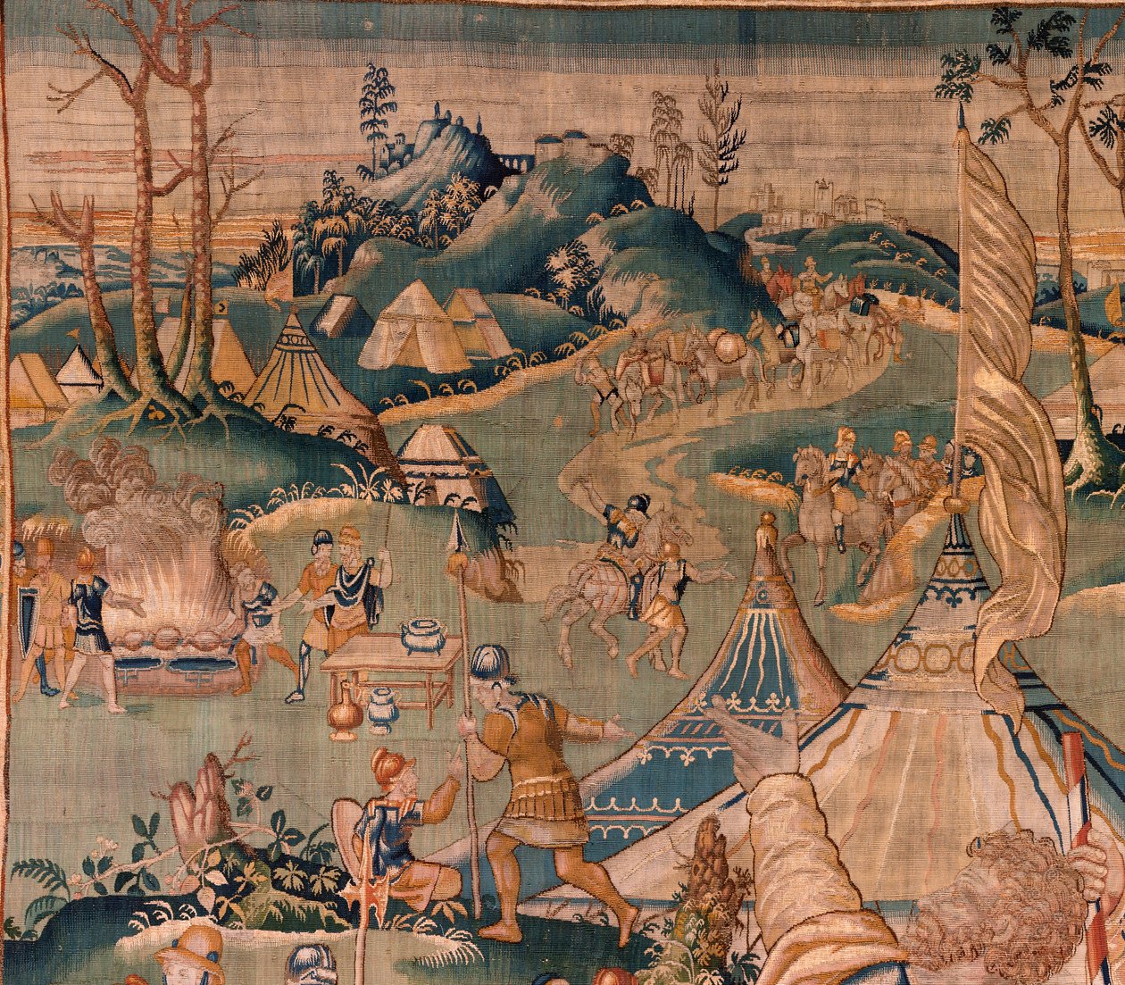 Tapiz flamenco. Campamento militar cerca del río Granikos. Taller de Oudenaarde. 377x393cm. Inv 83104-9/00011. siglo 17. de Flemish School