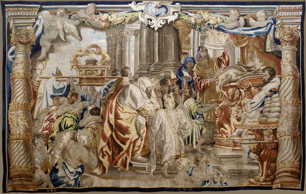 Tapiz flamenco. Serie Apoteosis de la Eucaristía. Sacrificio de la Ley Mosaica (Sacrificio de la Ley Mosaica). Modelo Cartoon copiado de un original de Rubens. Fabricación de Bruselas. Fabricado por Frans van den Hecke. Mediados del siglo XVII. Tela Seda y de Flemish School