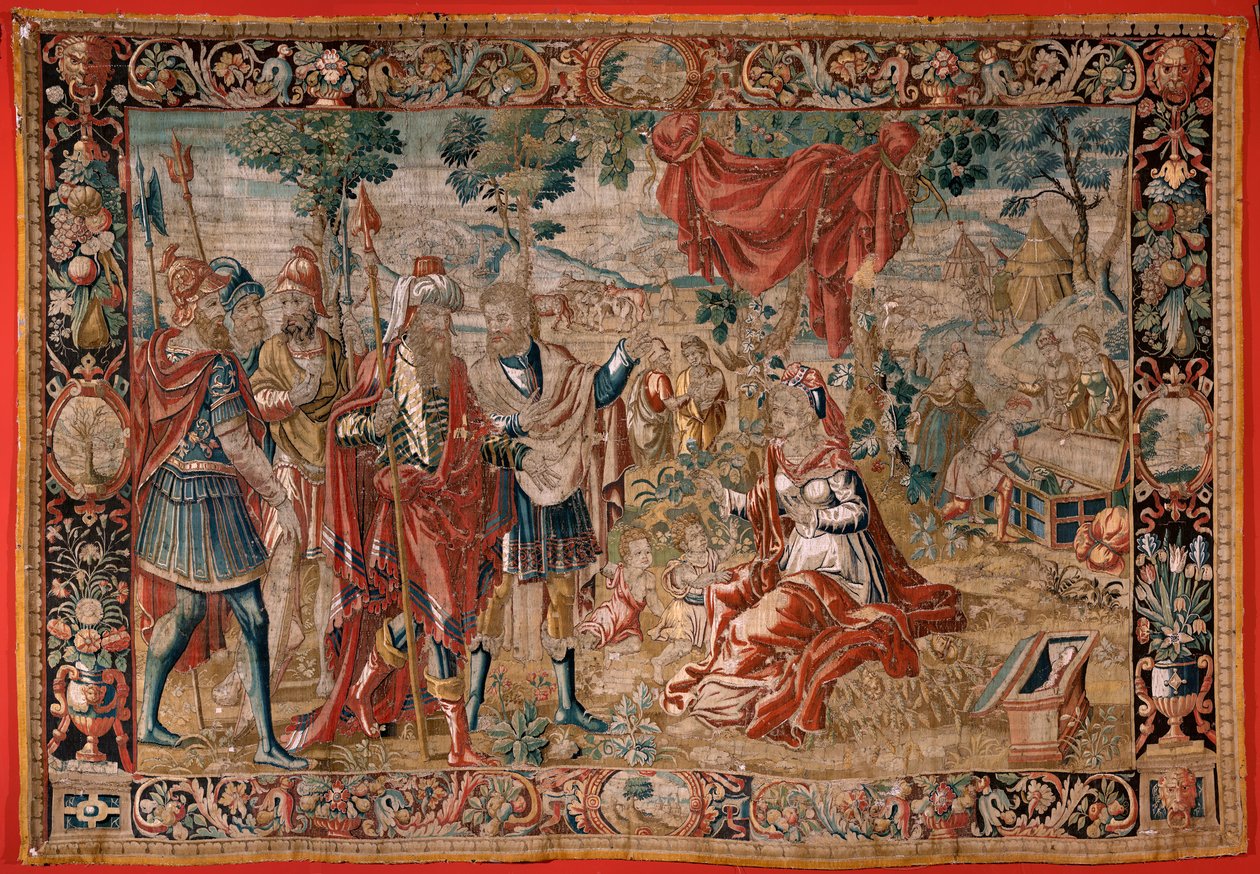 Tapiz flamenco. Serie Esaú y Jacob. Labán busca los ídolos robados. Segundo tapiz de la serie. Manufactura Países Bajos. Segunda mitad del siglo XVI. Tejido de lana. Ubicación Iglesia de San Nicolás ( Bari ) de Flemish School