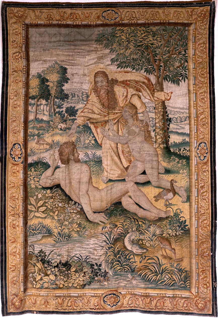 Tapiz flamenco. Serie Génesis o El Hombre de la Creación. Dios crea a la Mujer y se la presenta a Adán (Dios crea a la mujer y la presenta a Adán). Modelo basado en Michiel Coxcie. Fabricación Jan Aerst en Bruselas. Ca 1630. Tejido Seda y lana. de Flemish School