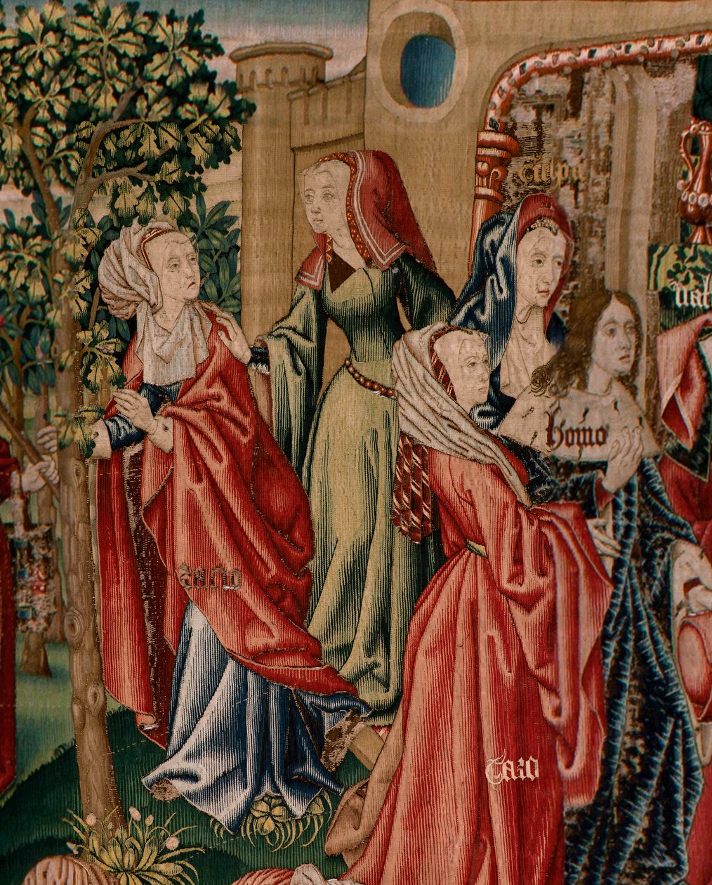 Tapiz flamenco. Serie Redención Humana o Vicios y Virtudes. Los vicios llevan al Hombre al pecado (Los Vicios conducen al Hombre al pecado). Segundo tapiz de la serie (primero de los conservados en Palencia. Fabricación bruselense, taller. Ca. 1510. Medida de Flemish School