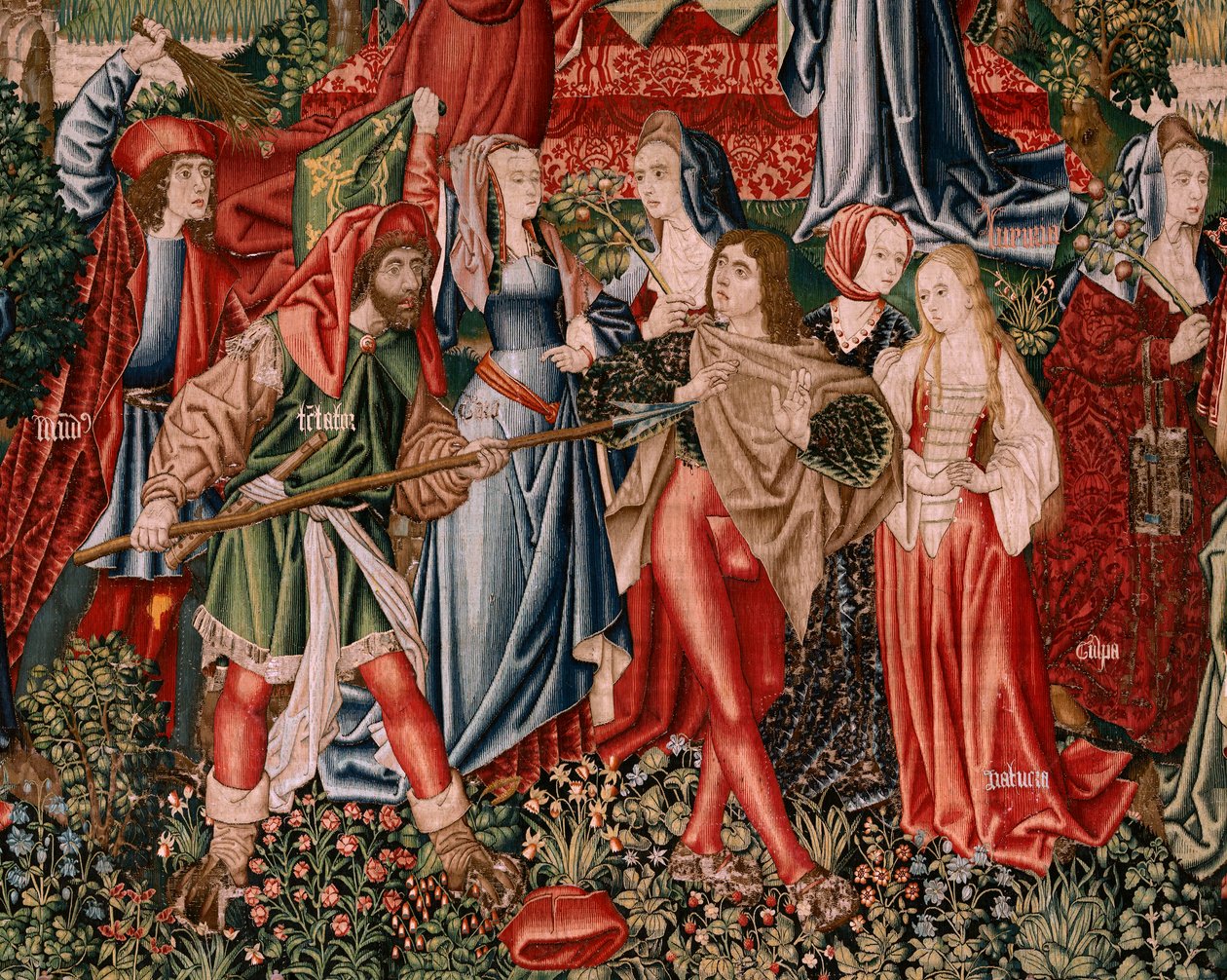Tapiz flamenco. Serie Redención Humana o Vicios y Virtudes. Los vicios llevan al Hombre al pecado (Los Vicios conducen al Hombre al pecado). Segundo tapiz de la serie (primero de los conservados en Palencia. Fabricación bruselense, taller. Ca. 1510. Medida de Flemish School