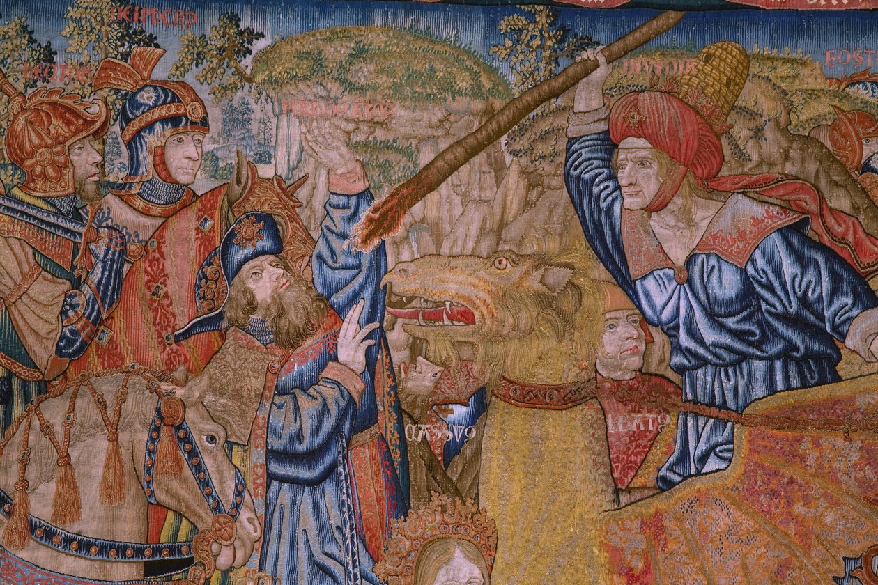 Flemish tapestry. Series Moralities: The virtue of the honours (De deugd van de Honores, La Virtud de los honores). Ca 1520. Detail de Flemish School