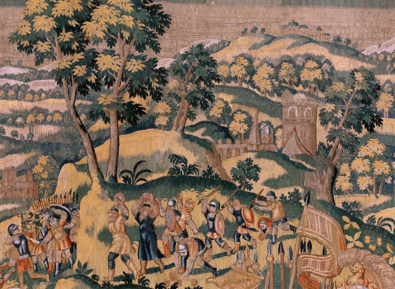 Tapiz flamenco. Serie Historia de Ciro. No VI Tomyris ordena sumergir la cabeza de Ciro en un recipiente lleno de sangre (Tomiris manda sumergir la cabeza de Ciro en un recipiente lleno de sangre). Anónimo, basado en Michiel Coxcie. Taller Amberes. Seda y  de Flemish School