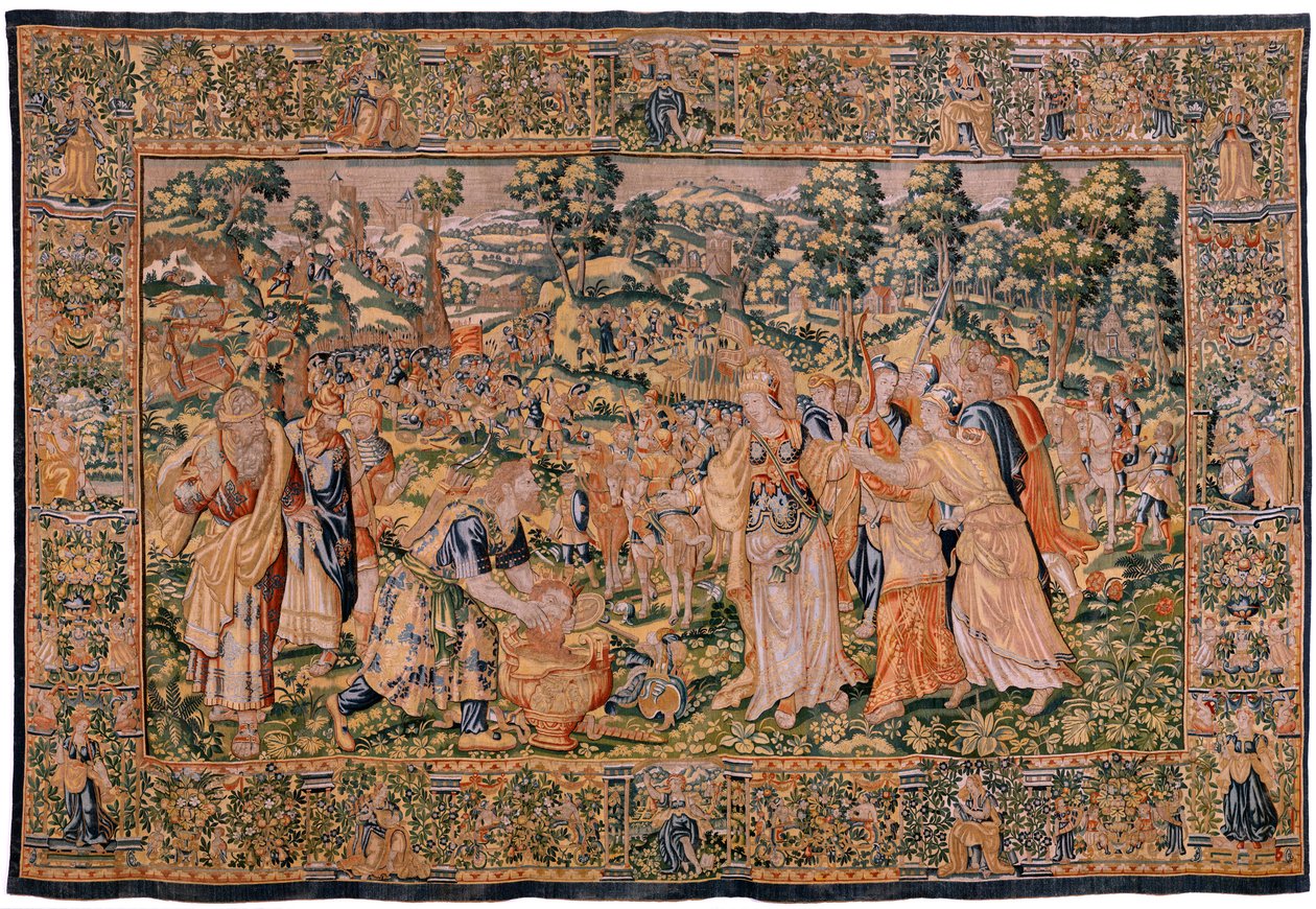 Tapiz flamenco. Serie Historia de Ciro. No VI Tomyris ordena sumergir la cabeza de Ciro en un recipiente lleno de sangre (Tomiris manda sumergir la cabeza de Ciro en un recipiente lleno de sangre). Anónimo, basado en Michiel Coxcie. Taller Amberes. Seda y  de Flemish School
